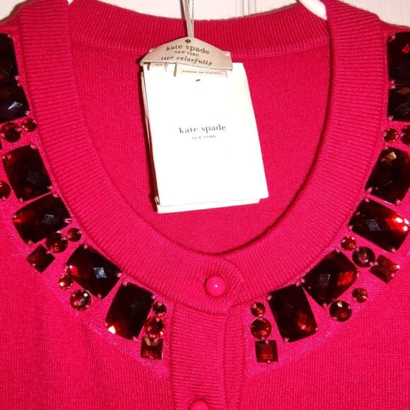KATE SPADE 3/4 SLEEVE KNIT CARDIGAN SWEATER BEADED NECKLINE CHERRY RED SZ M - Picture 4 of 8